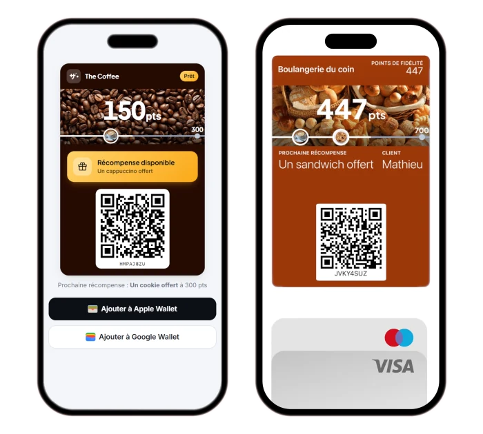 Le pass dans Apple Wallet : logo, couleurs de la boutique, solde de tampons et QR code